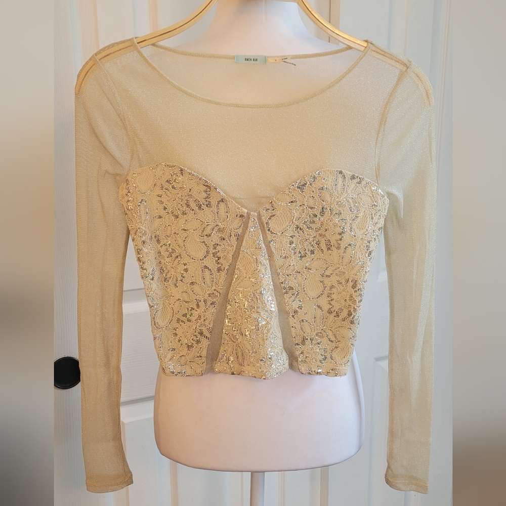 Kimchi Blue Y2K Fairycore Cream Sheer Lace Long Sleeve Crop Top, Women's Small